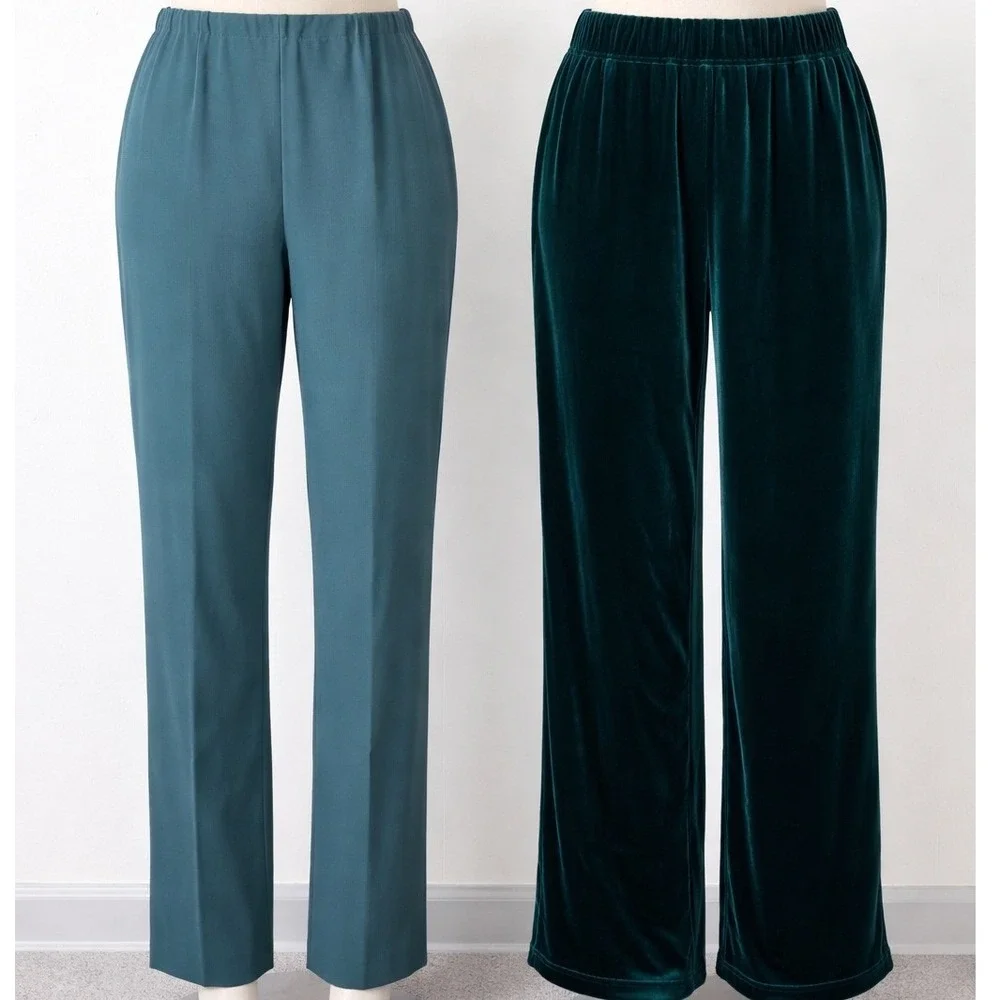 2 Pk Susan Graver Size L Petite Teal Straight Leg & Green Velvet Wide Leg‎ Pants